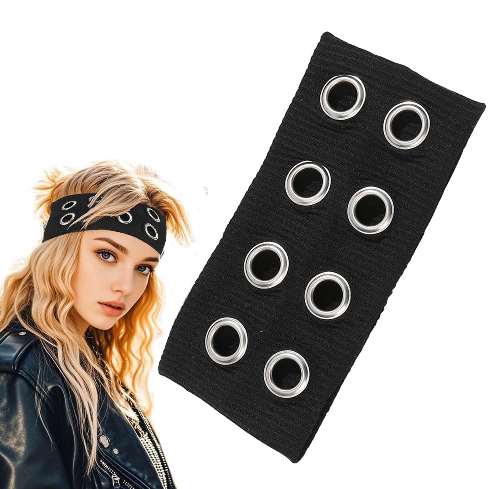 Tizee Y2K Punk Grommet Headband Wide Elastic Black Large Size